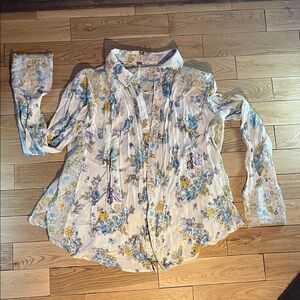 Free People Floral Button Down Shirt - Cream, Blue, Yellow